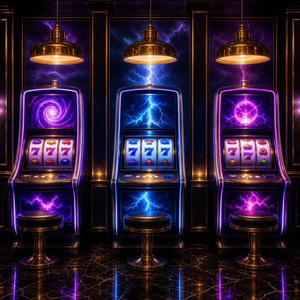 Neon slot machines glowing with violet plasma lightning