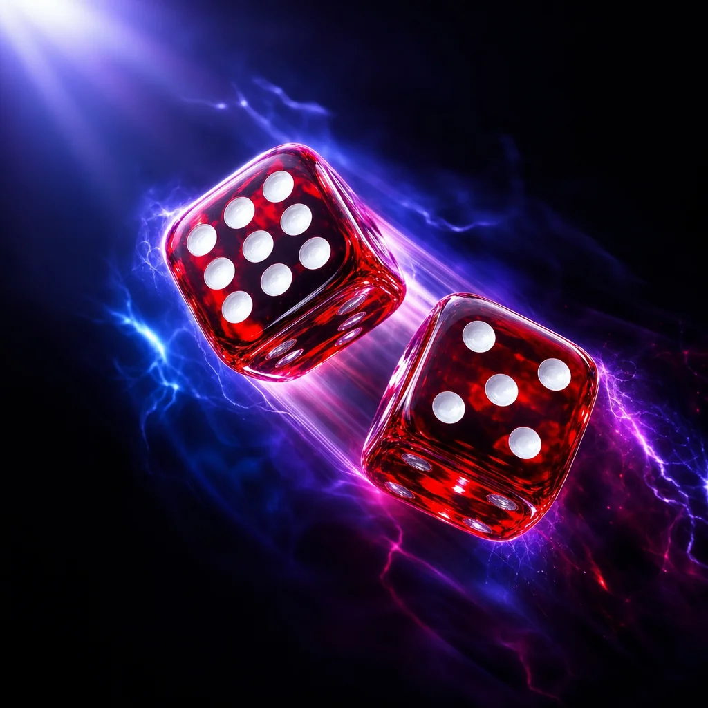 Glowing dice tumbling through electric blue lightning