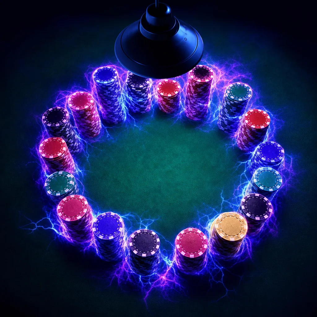 Stacked casino chips glowing under neon violet light